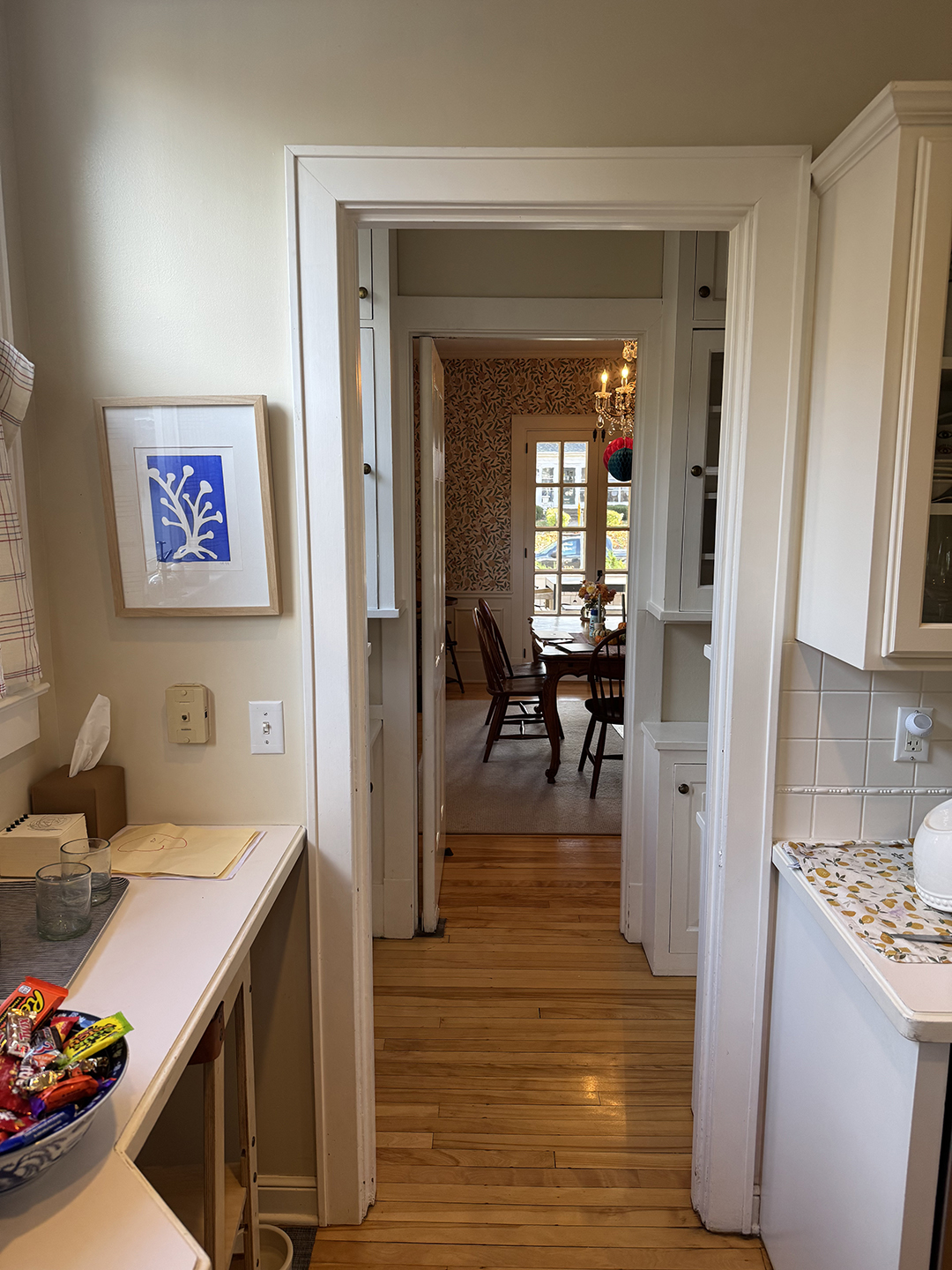 narrow hallway from kitchen to dining room