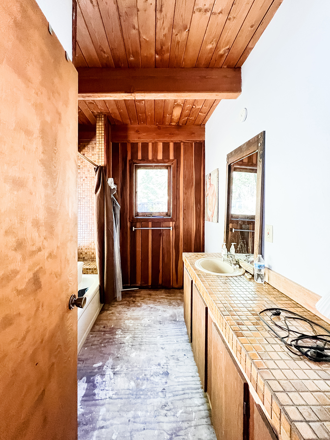 dated bathroom wall paneling