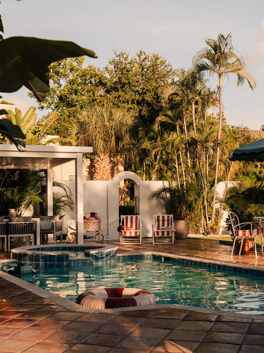 pool with striped seating