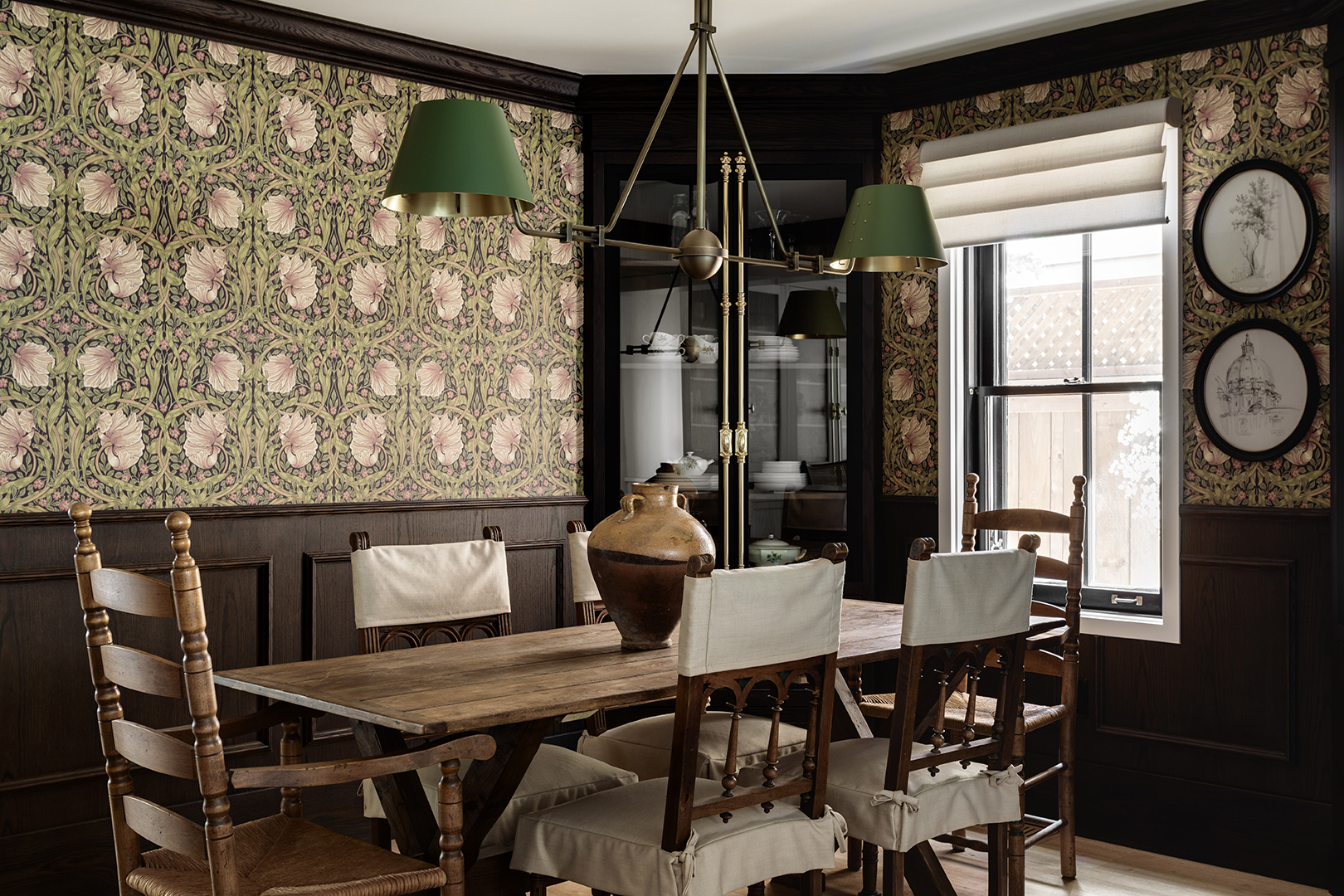 wallpapered dining room