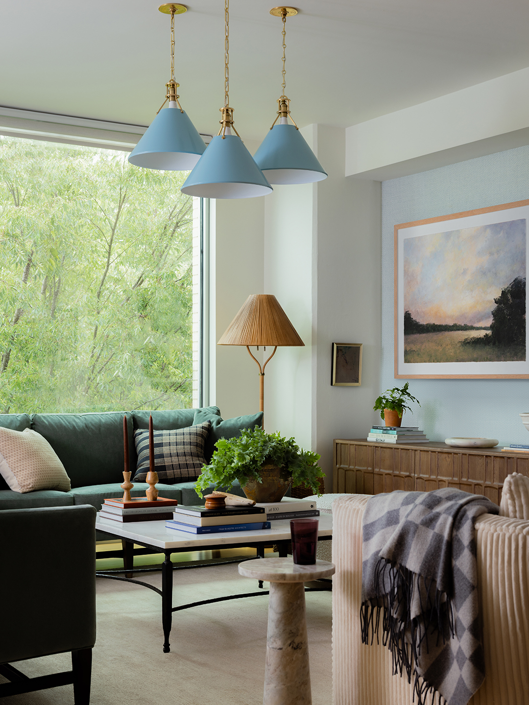 blue lights over coffee table