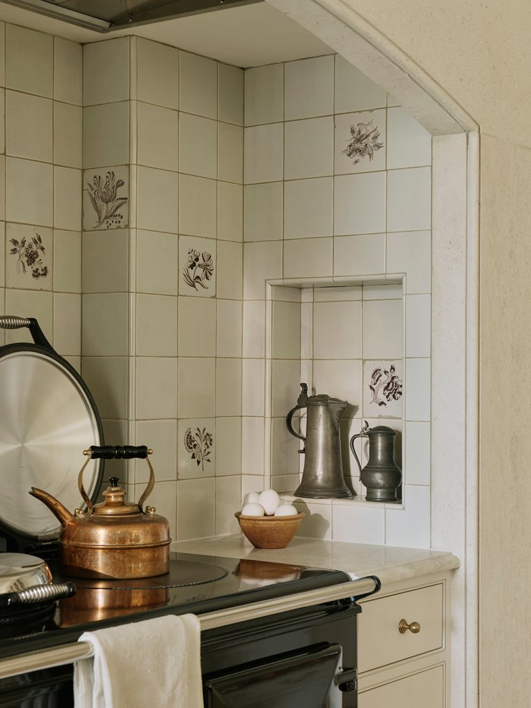 kitchen with recessed coffee nook by stove
