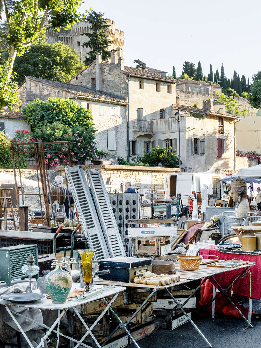 outdoor flea market with ancient architecture