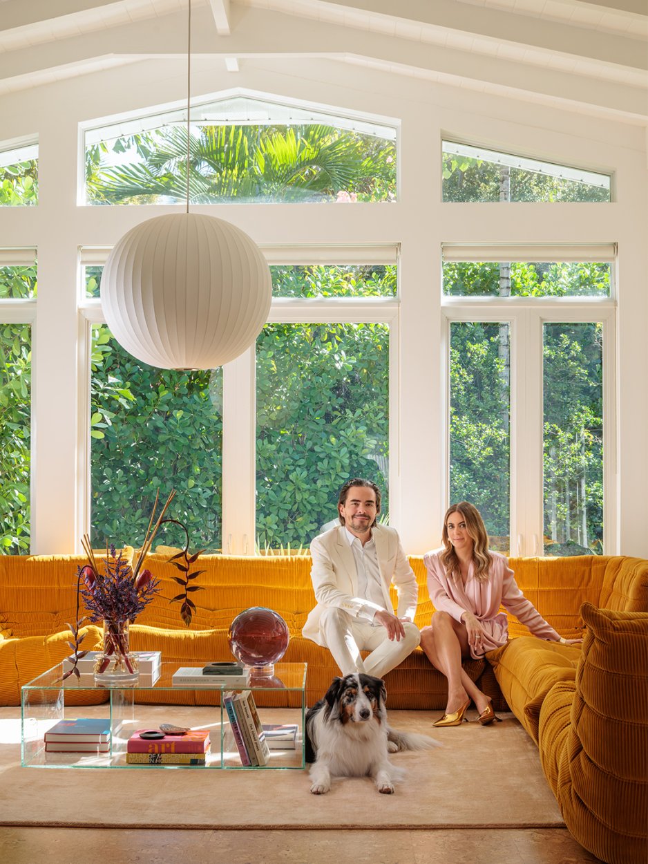 couple on yellow sofa
