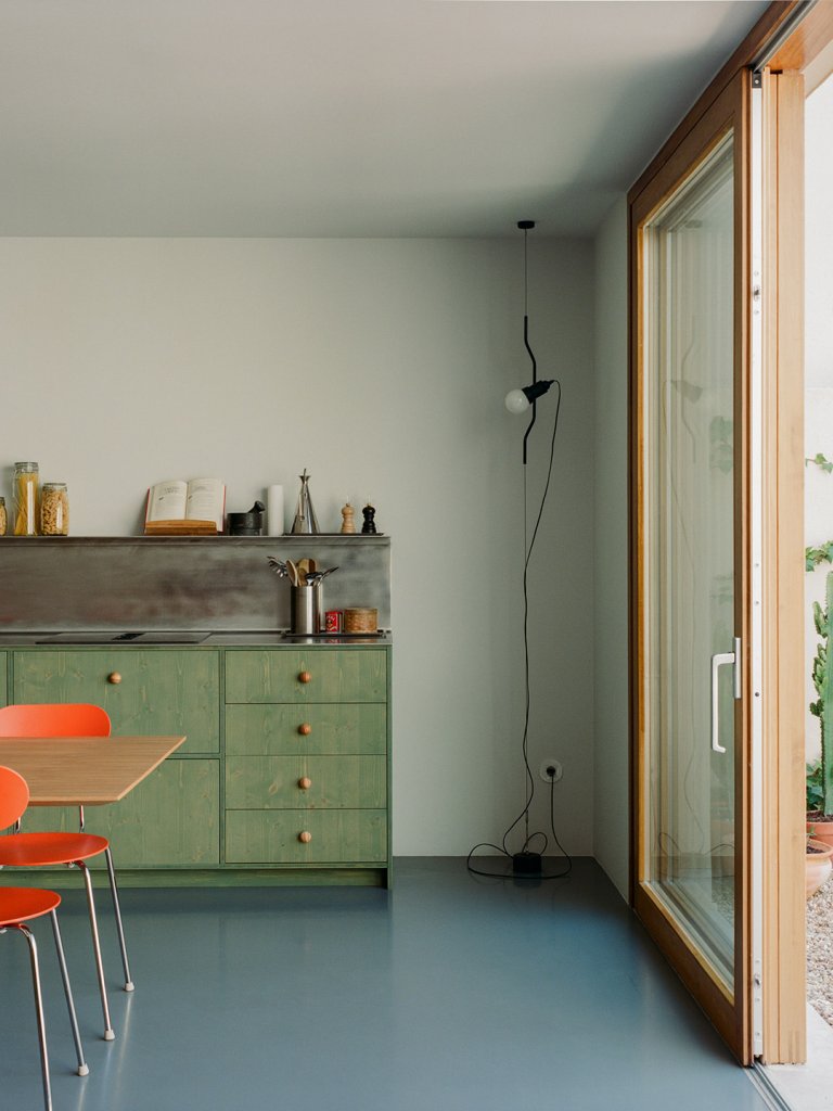 green stained cabinets