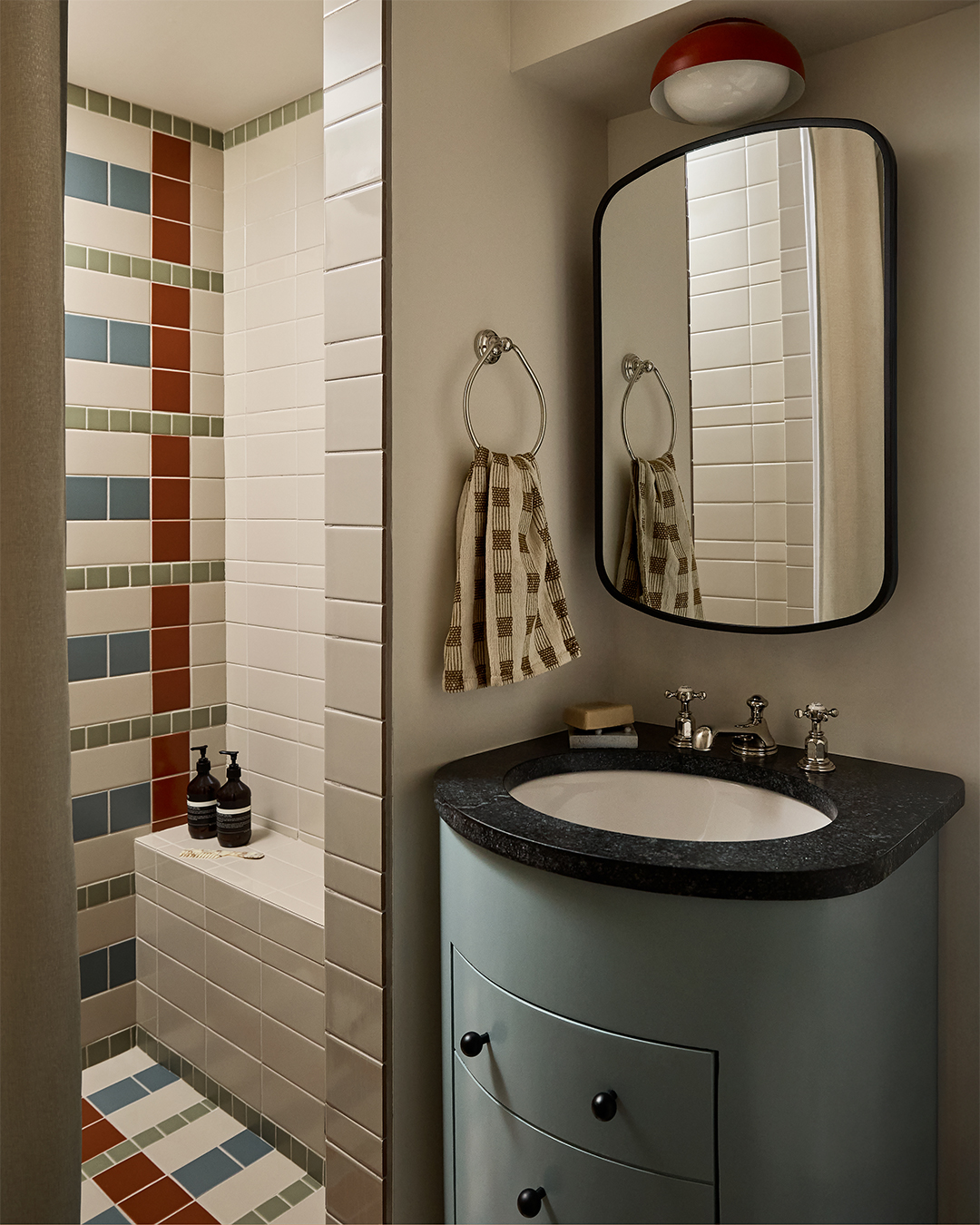 blue and red bathroom