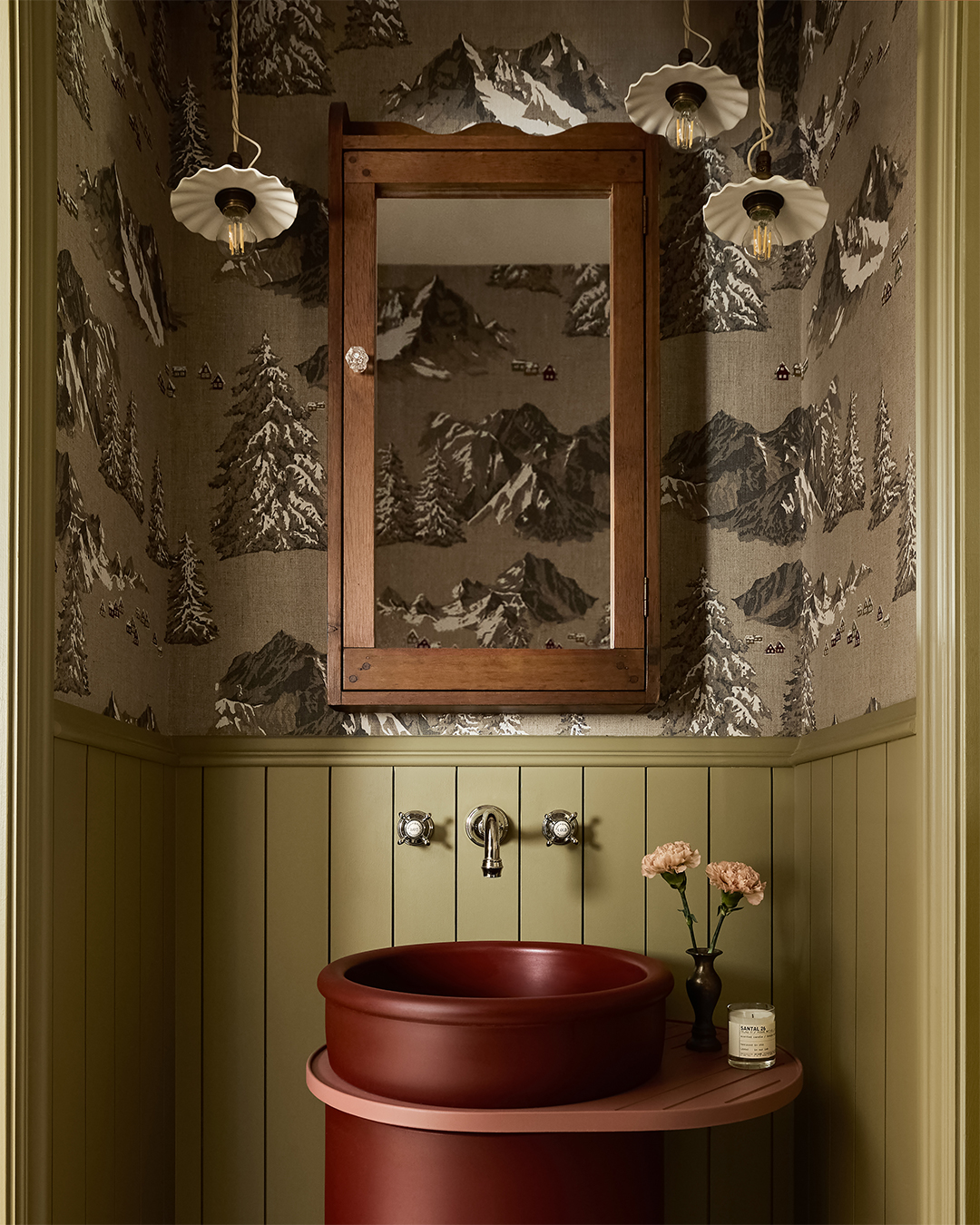 green and red powder bathroom