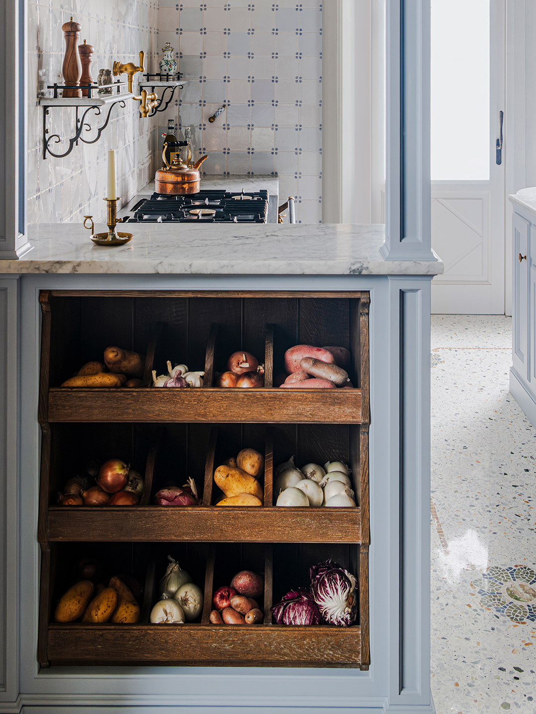 open kitchen shelves stocked with vegetables