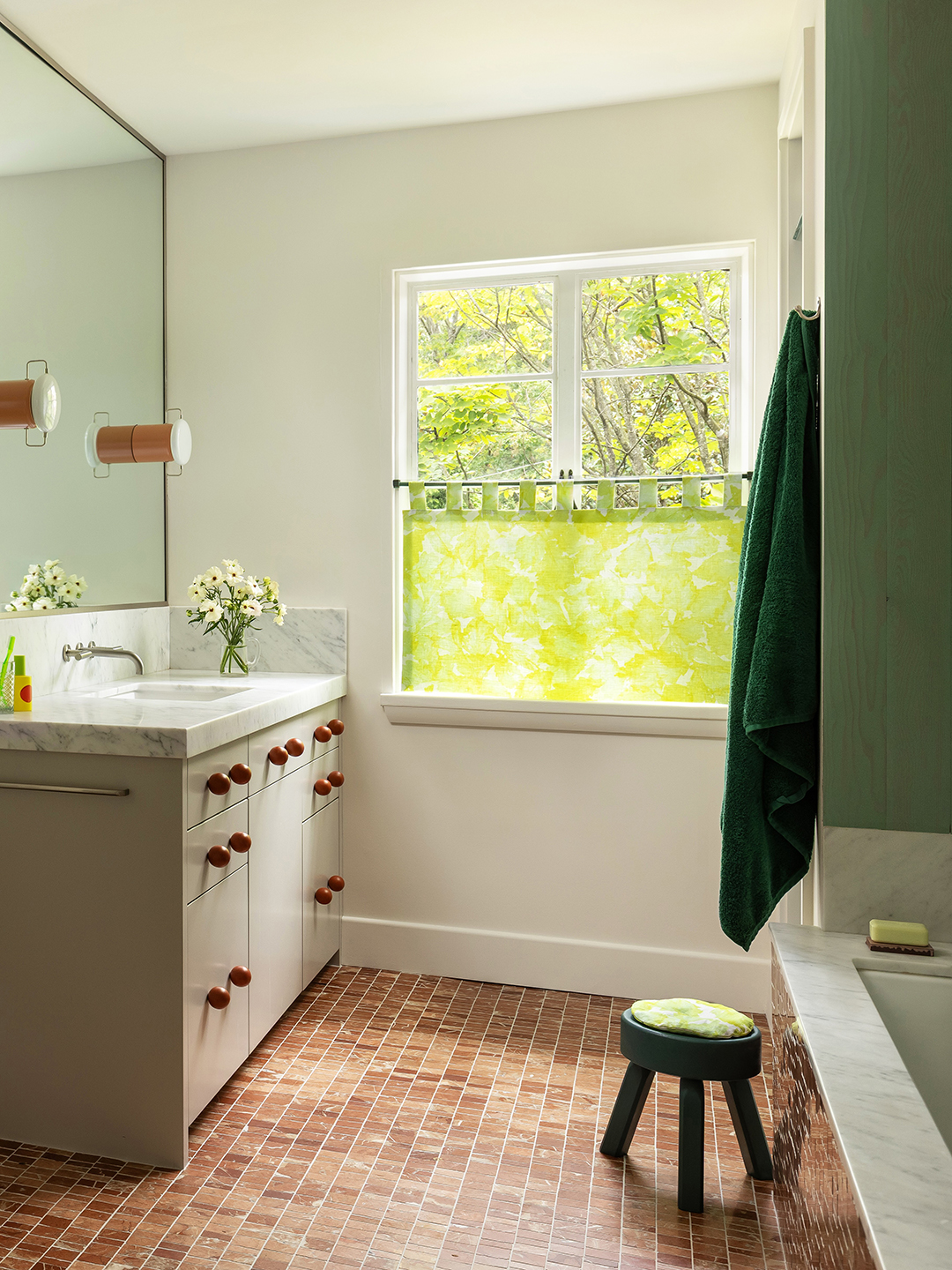 red tiled bathroom floor