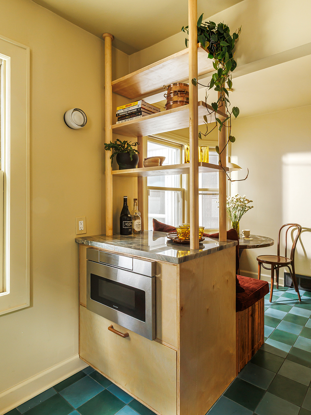 open cabinetry above a microwave