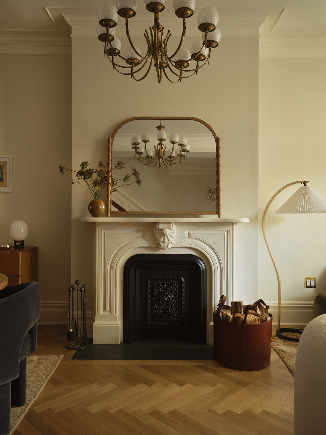 cream colored room with marble mantel