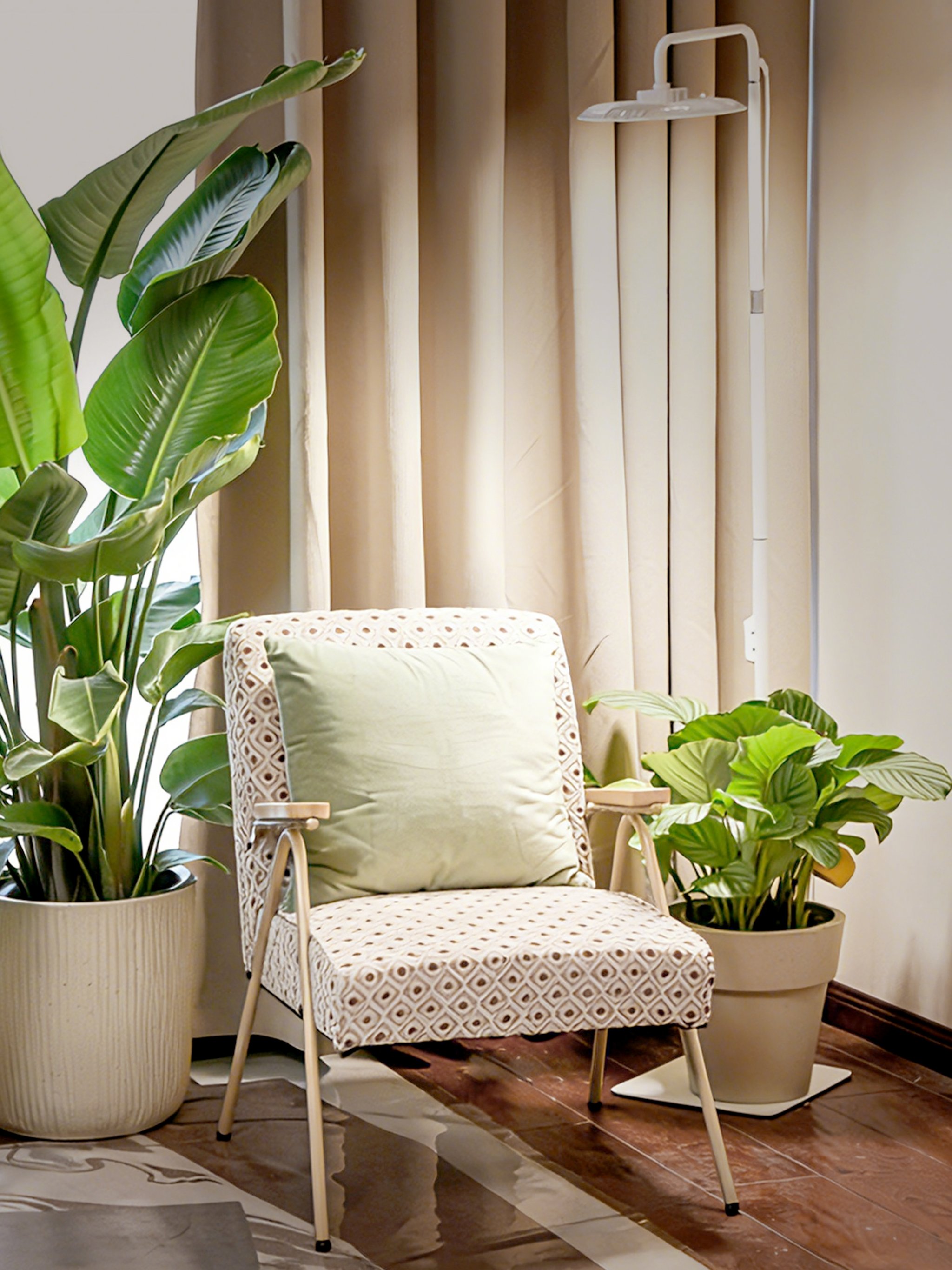 Living room with beige curtains, lots of plants, and beige upholstered chair.