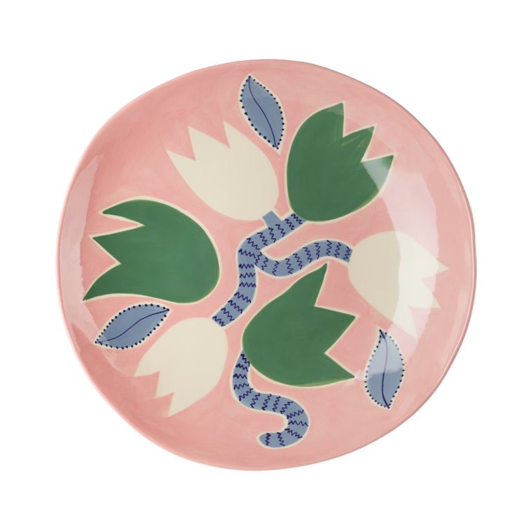  pink plate with green and while flowers