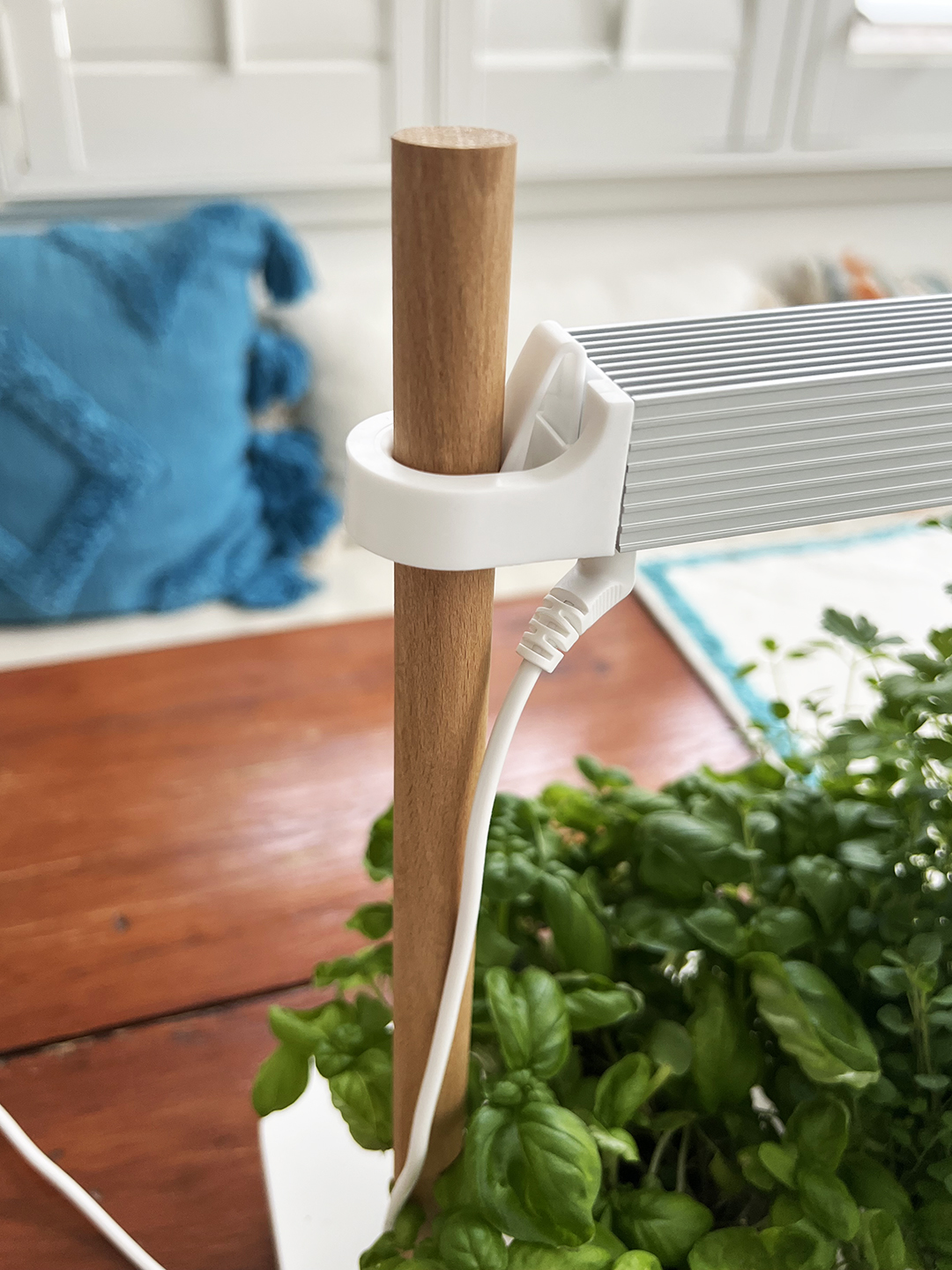 detail of grow light on a tabletop planter