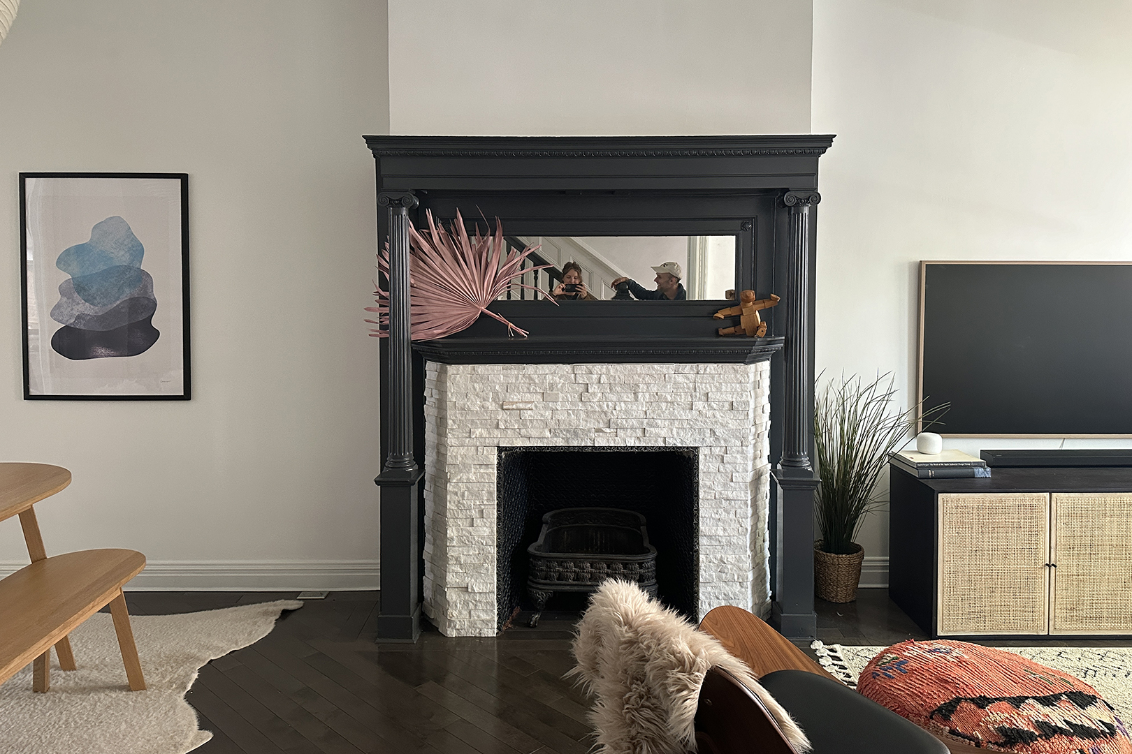 cream living room with marble mantel