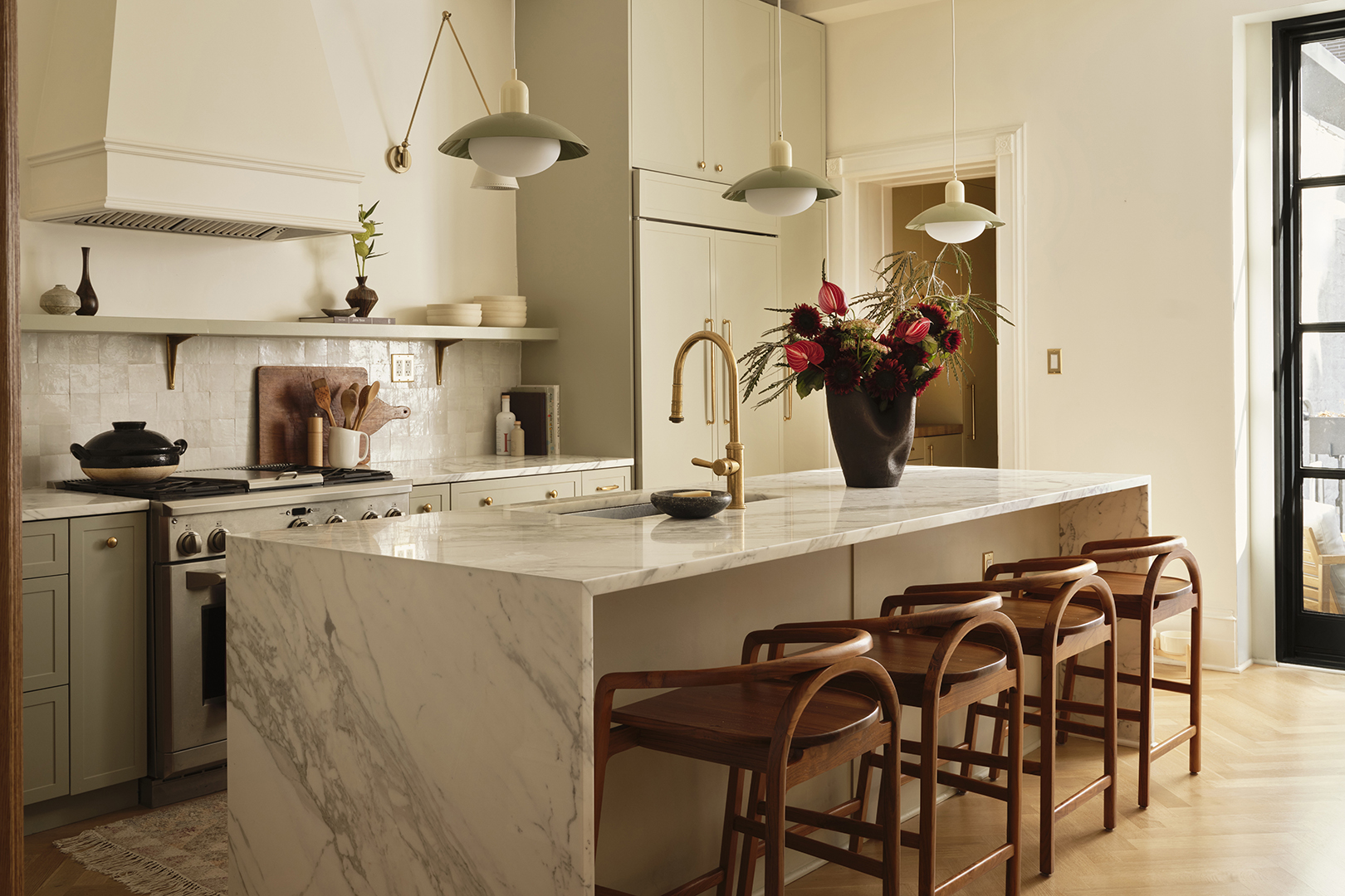 kitchen with white marble island