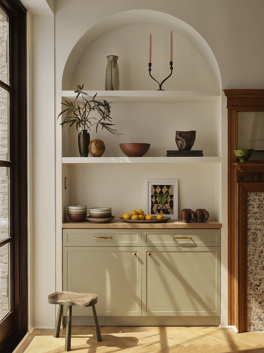 arched built-in cabinetry