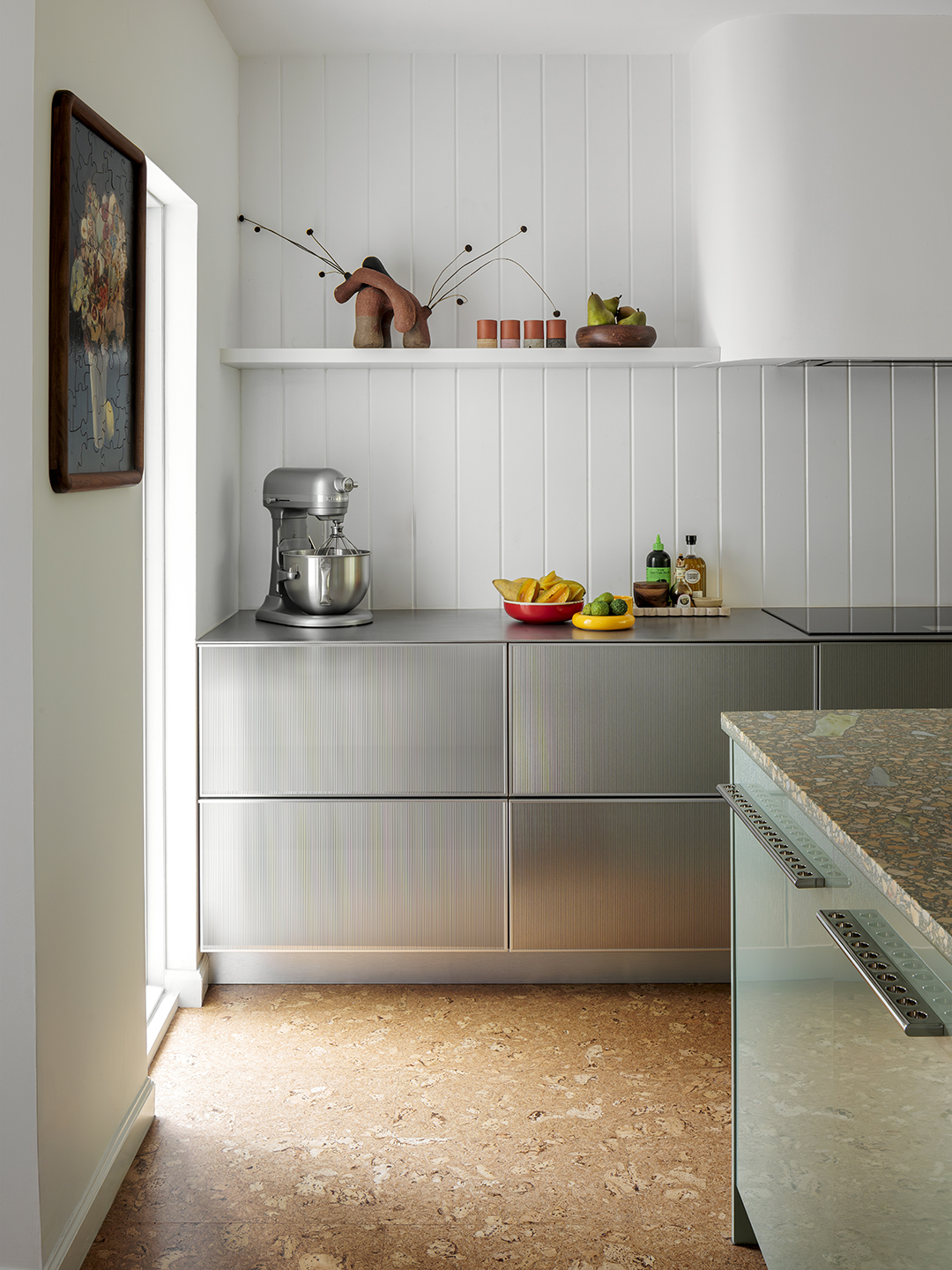 white kitchen with aluminum cabinets