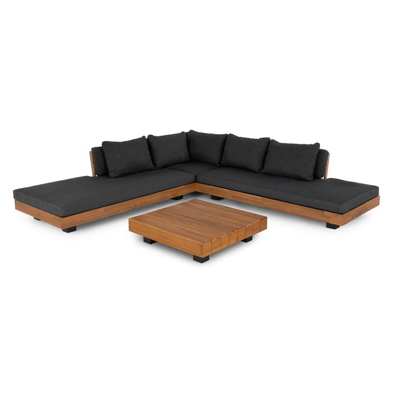  grey and wood sectional outdoor sofa with wooden coffee table