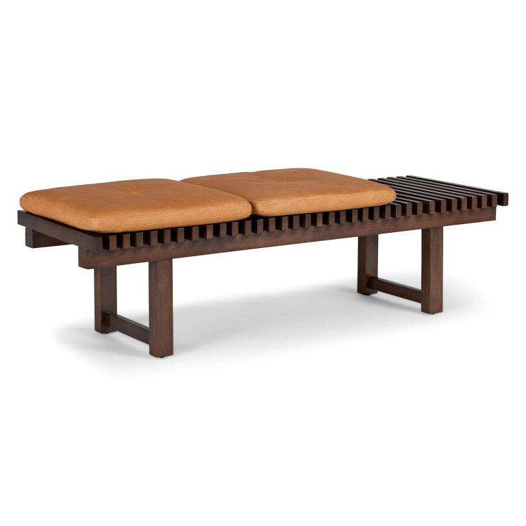  Wooden slat bench with leather cushions