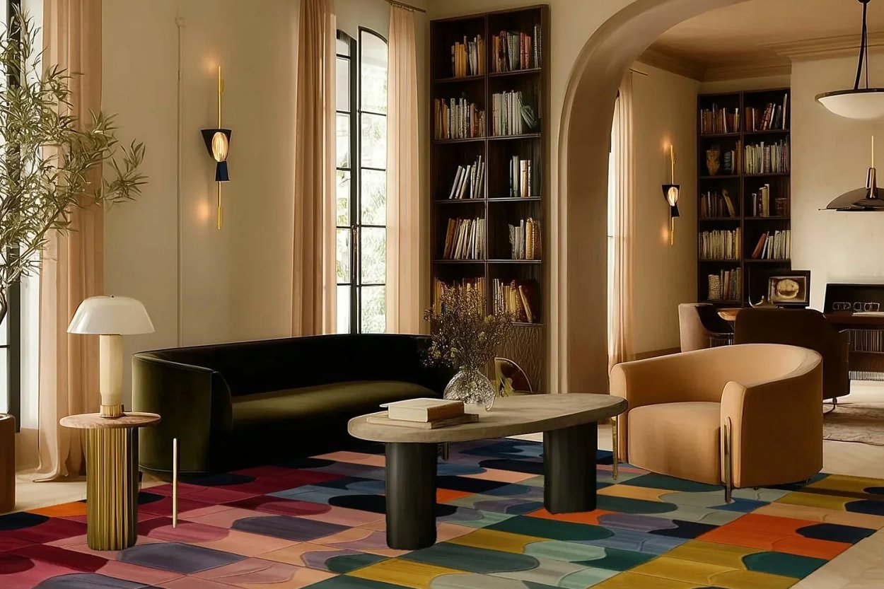 Cream colored room with modern sofas and colorful rug.