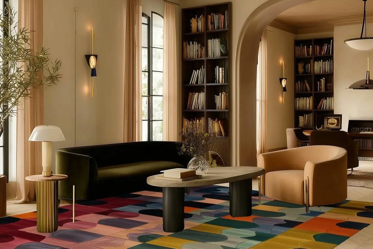 Cream colored room with modern sofas and colorful rug.