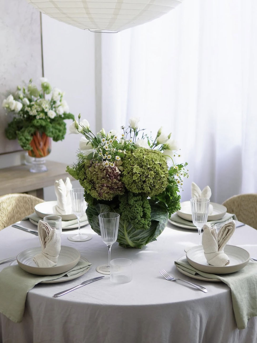 neutral easter table with cabbage centerpiece