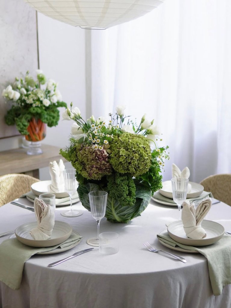 neutral easter table with cabbage centerpiece