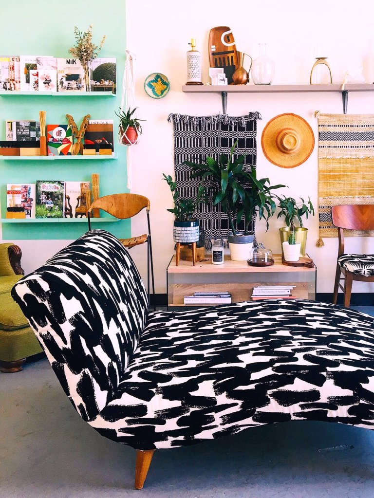 black and white patterned chaise in workshop