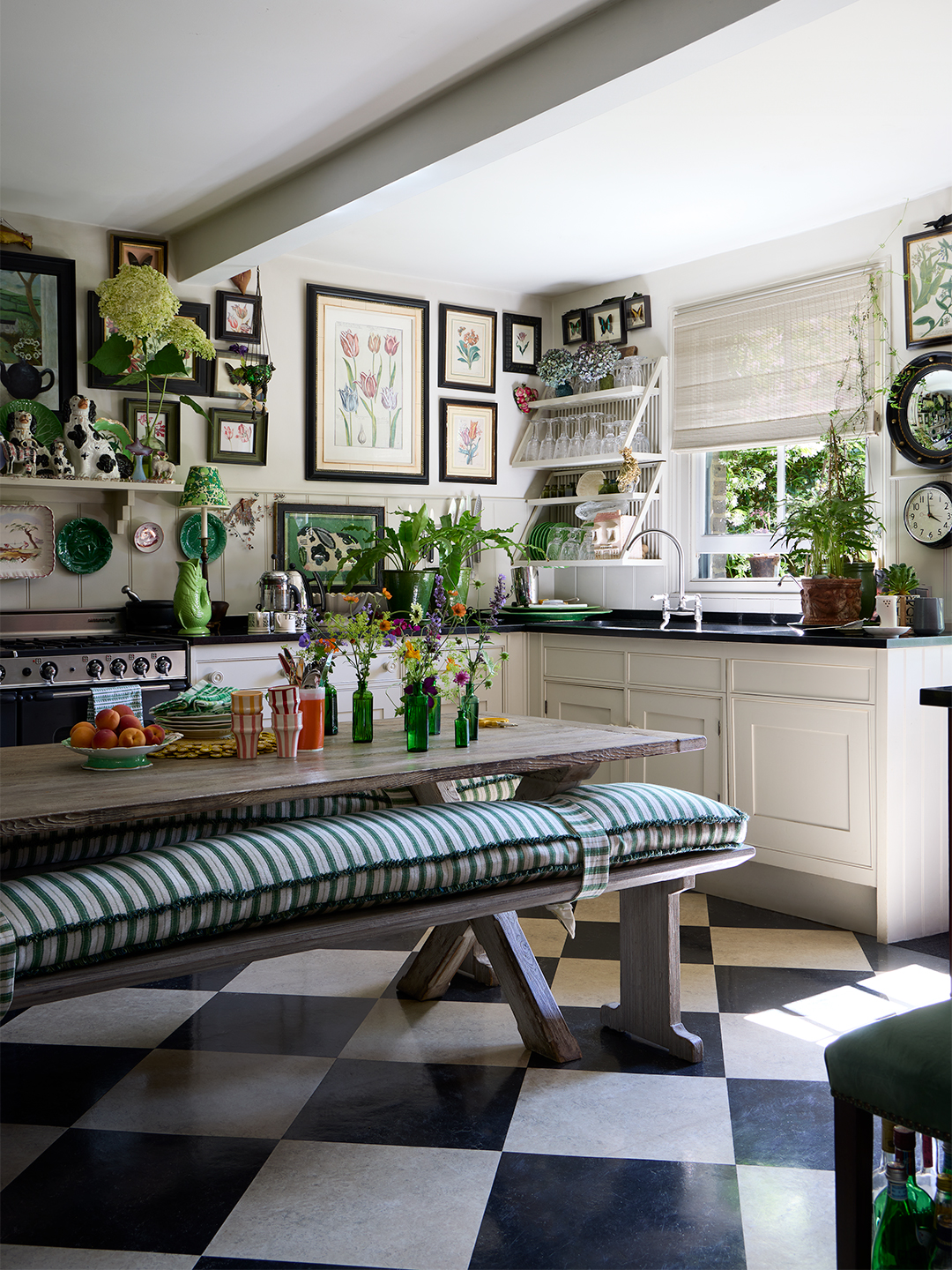 kitchen with checkered floor and plants