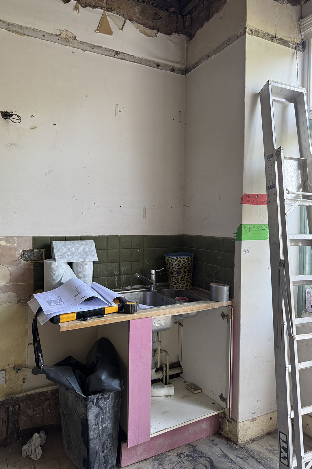 kitchen wall with half-demolished countertop