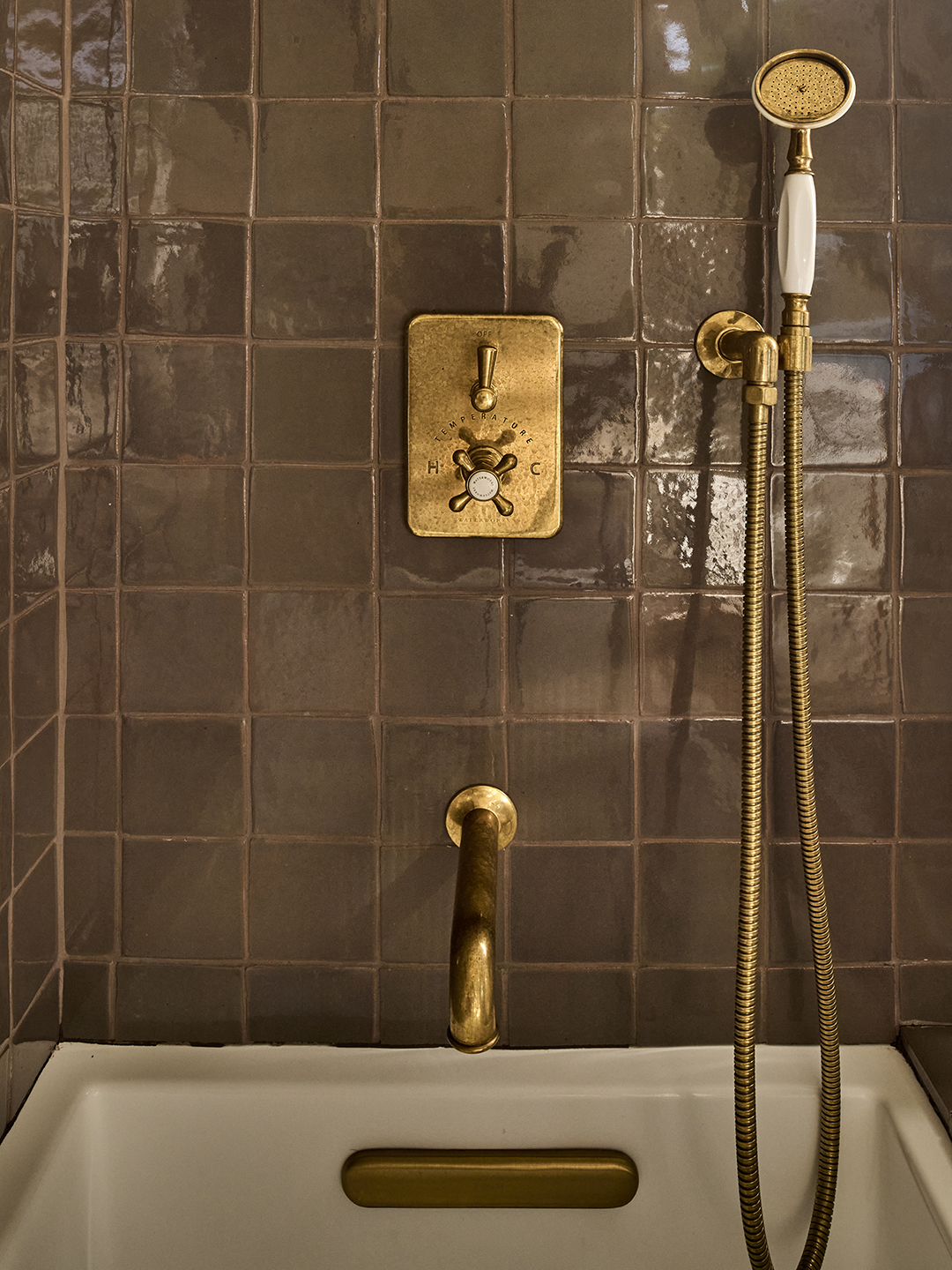shower detail with gold faucet and showerhead