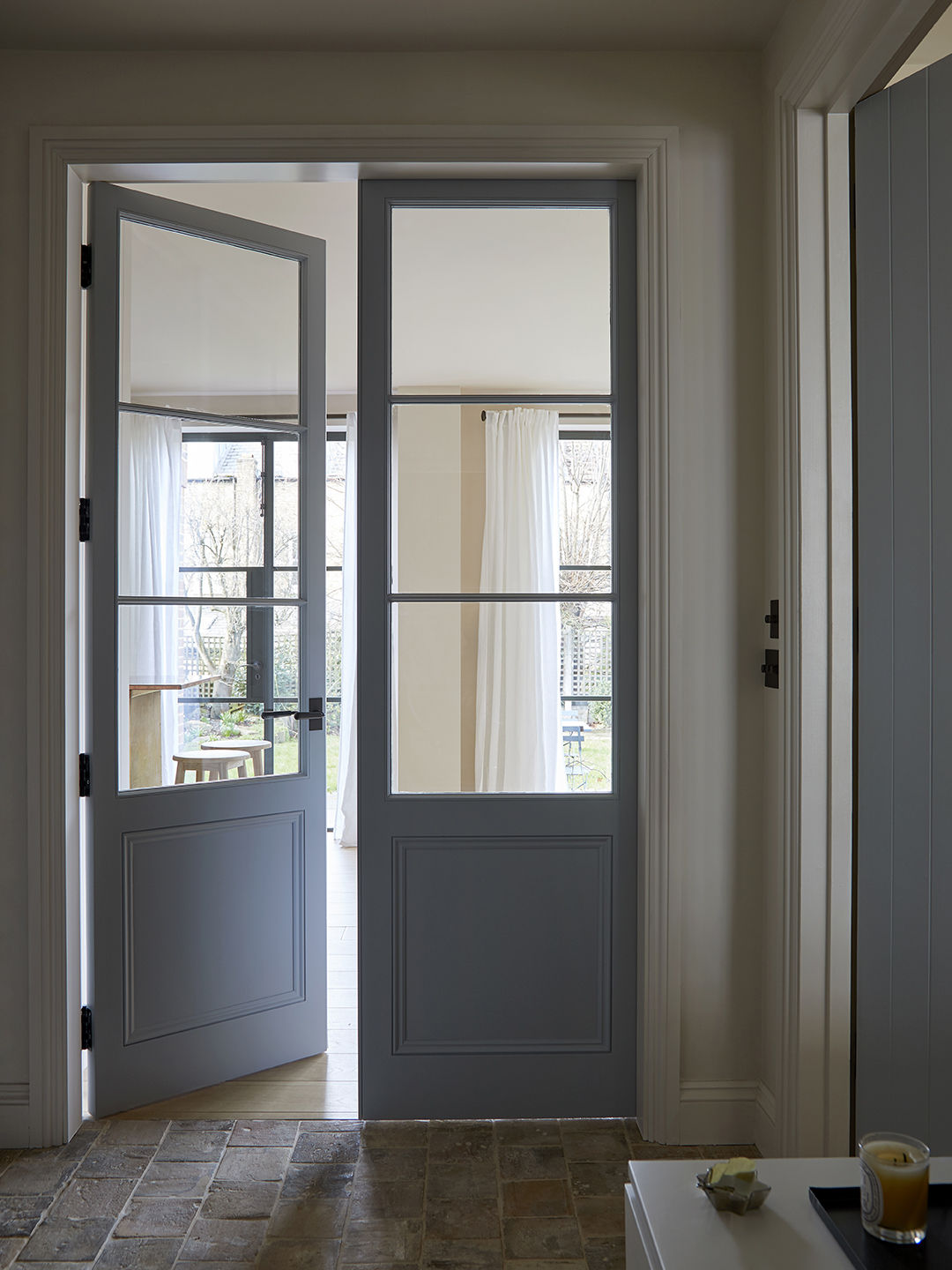 doorway with two large blue doors