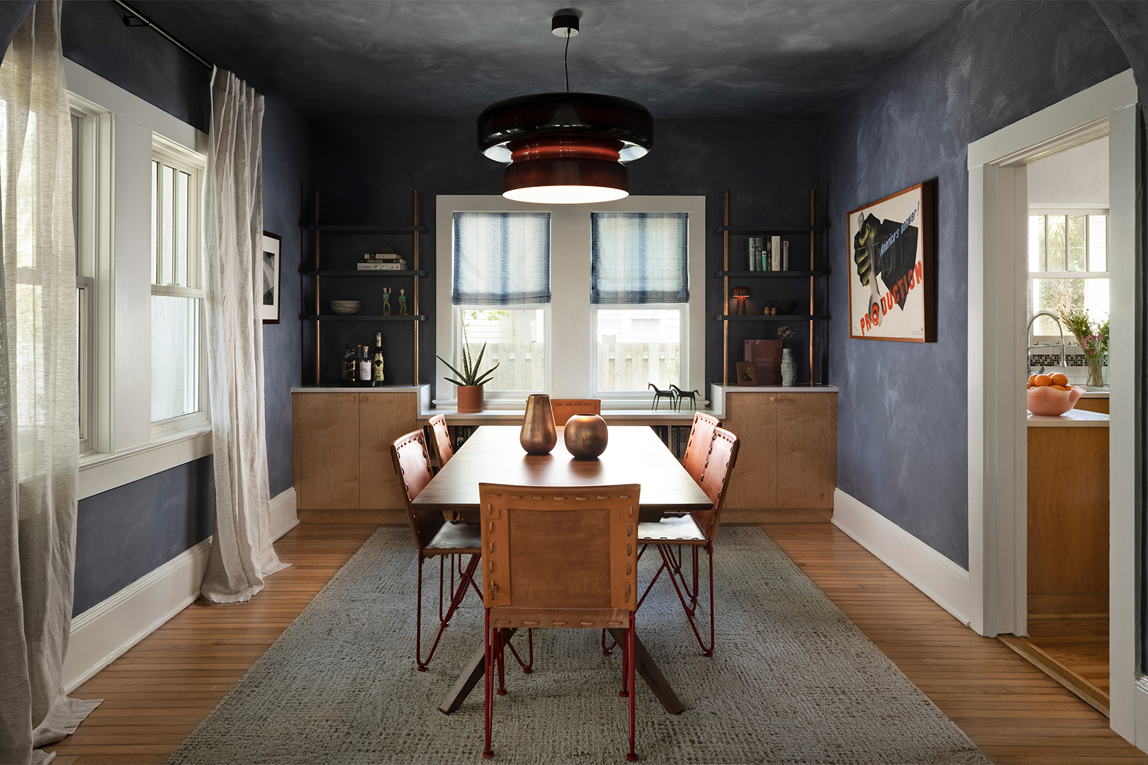 dining room with navy walls