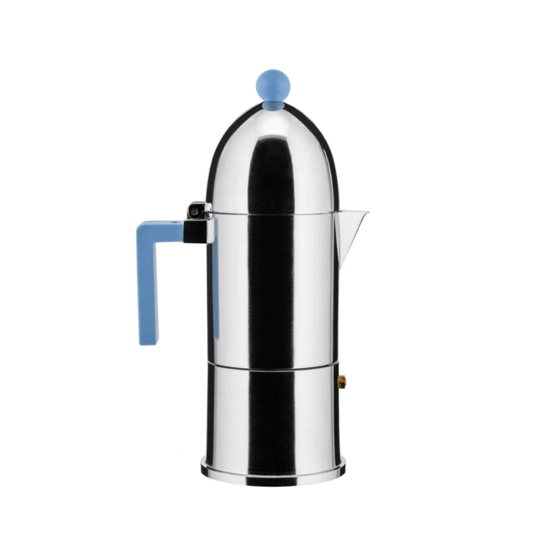  stainless steel espresso maker with blue handle