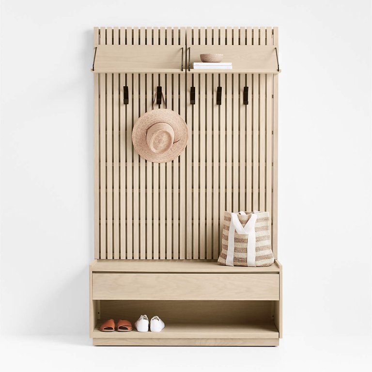  slatted wood entryway in a box with bench