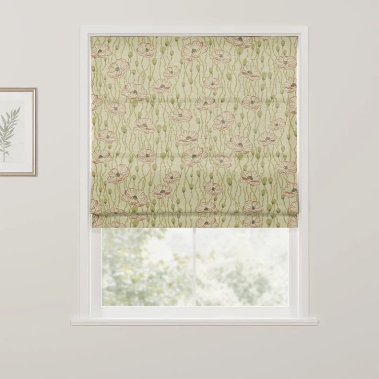 Window with Roman Shade in dusty beige with rose flowers.