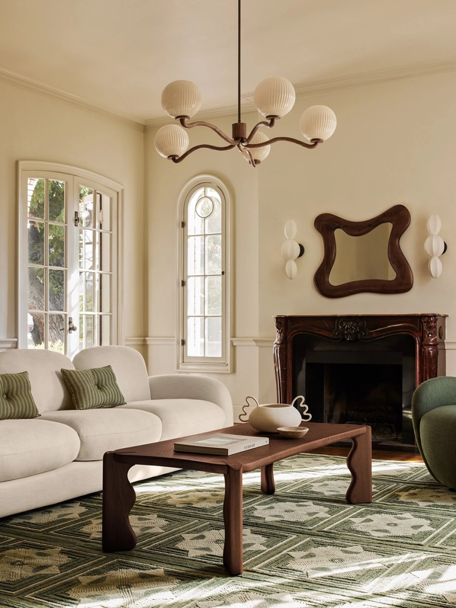 living room with green rug