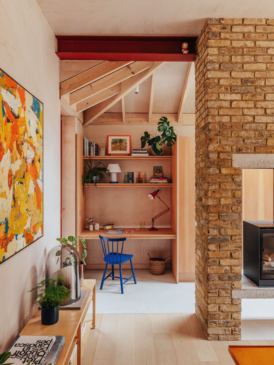 room with tall ceilings and exposed beams