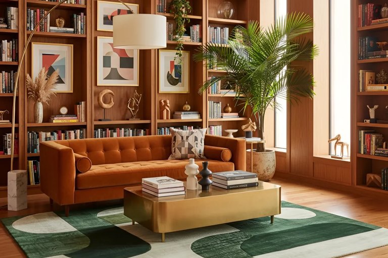 Living room with burnt orange velvet sofa, green rug, and wood shelves.