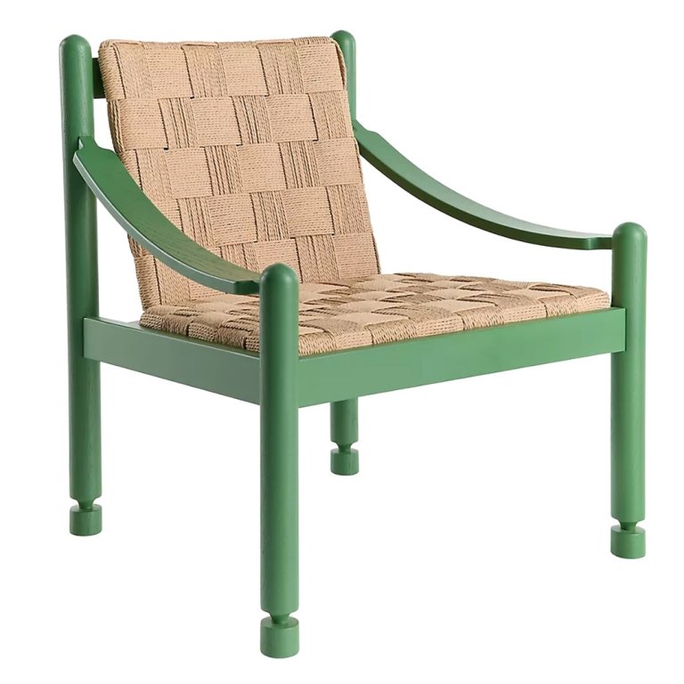 green chair with woven seat and back