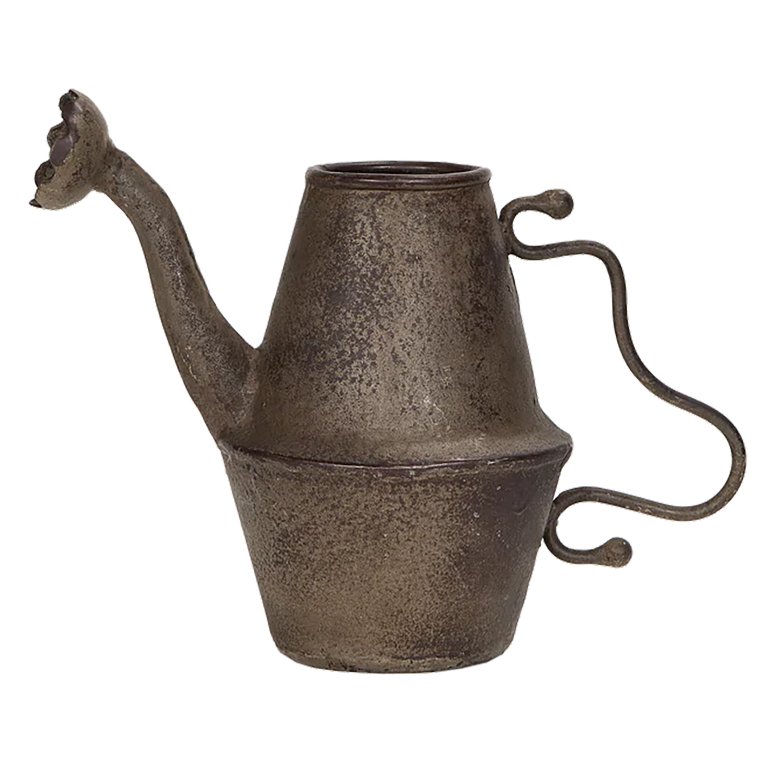 metal watering can with petal spout and curvy handle
