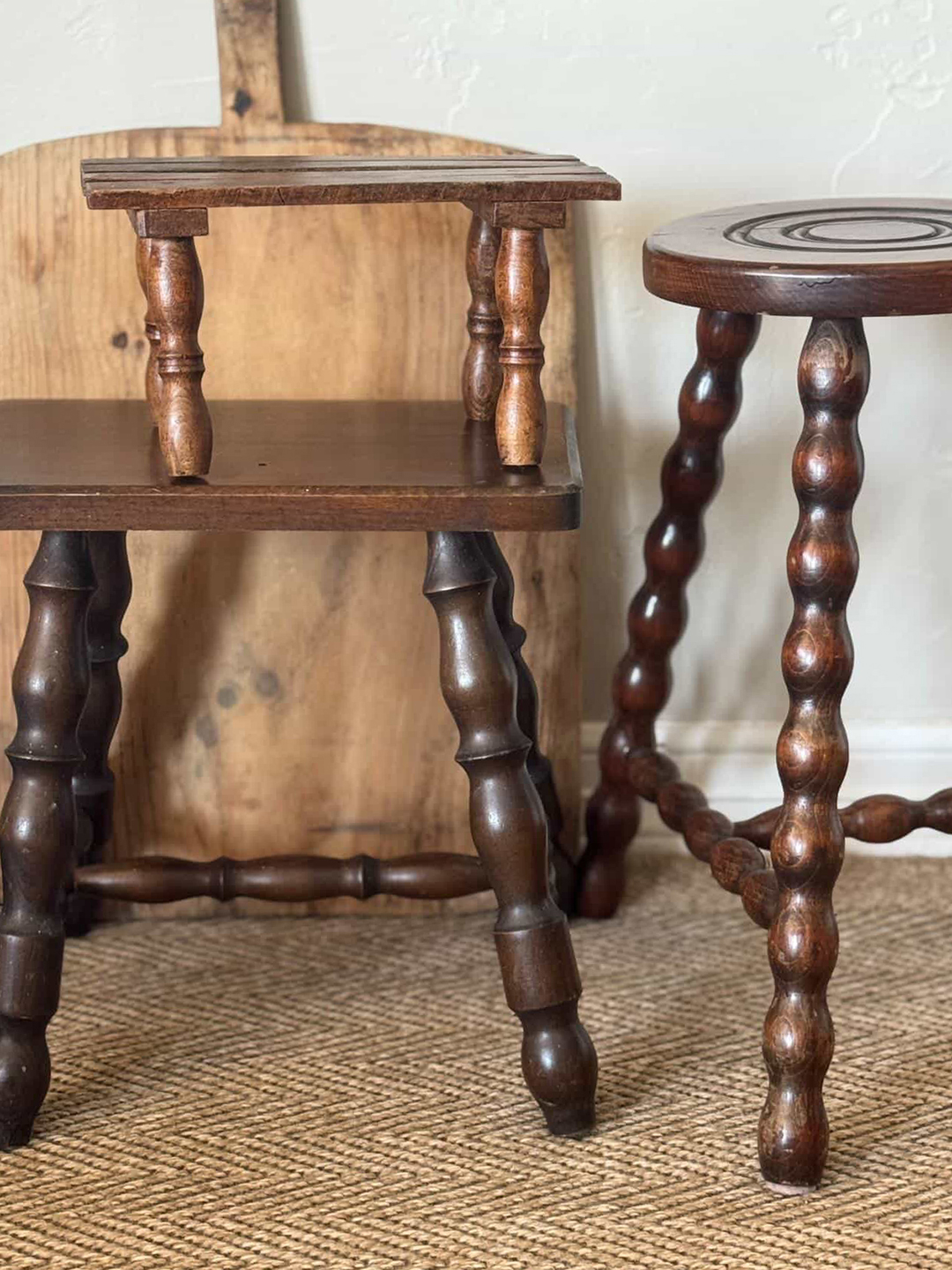 wooden stools with bobbin legs