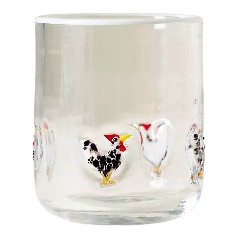 glass with chickens on it