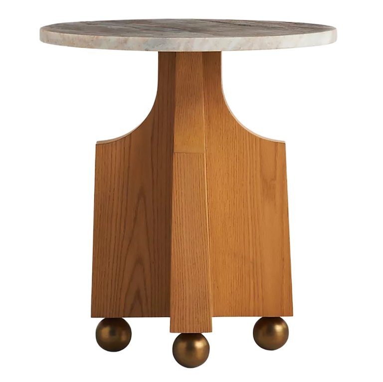 wood side table with marble top and ball feet
