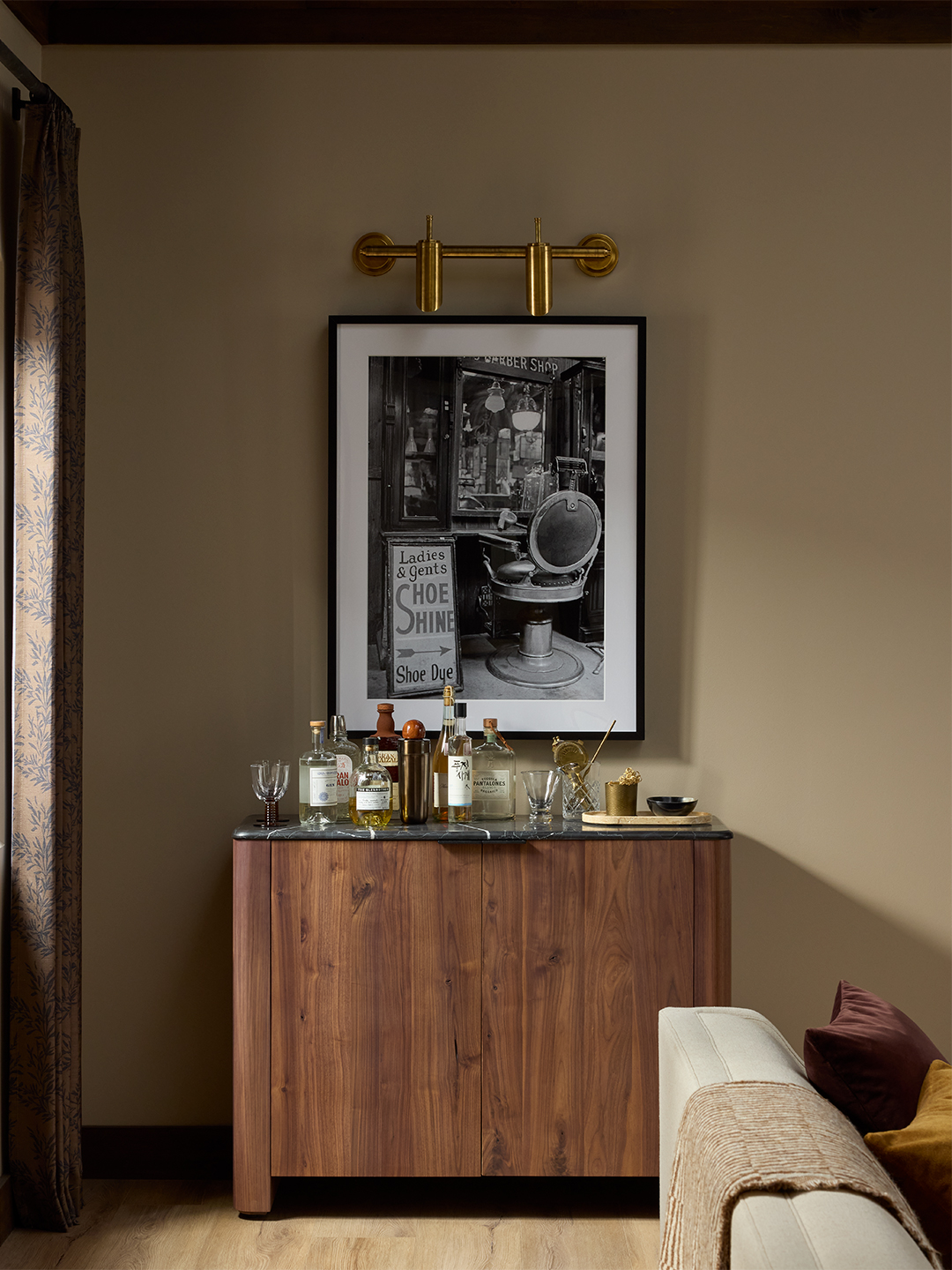 bar area with framed art