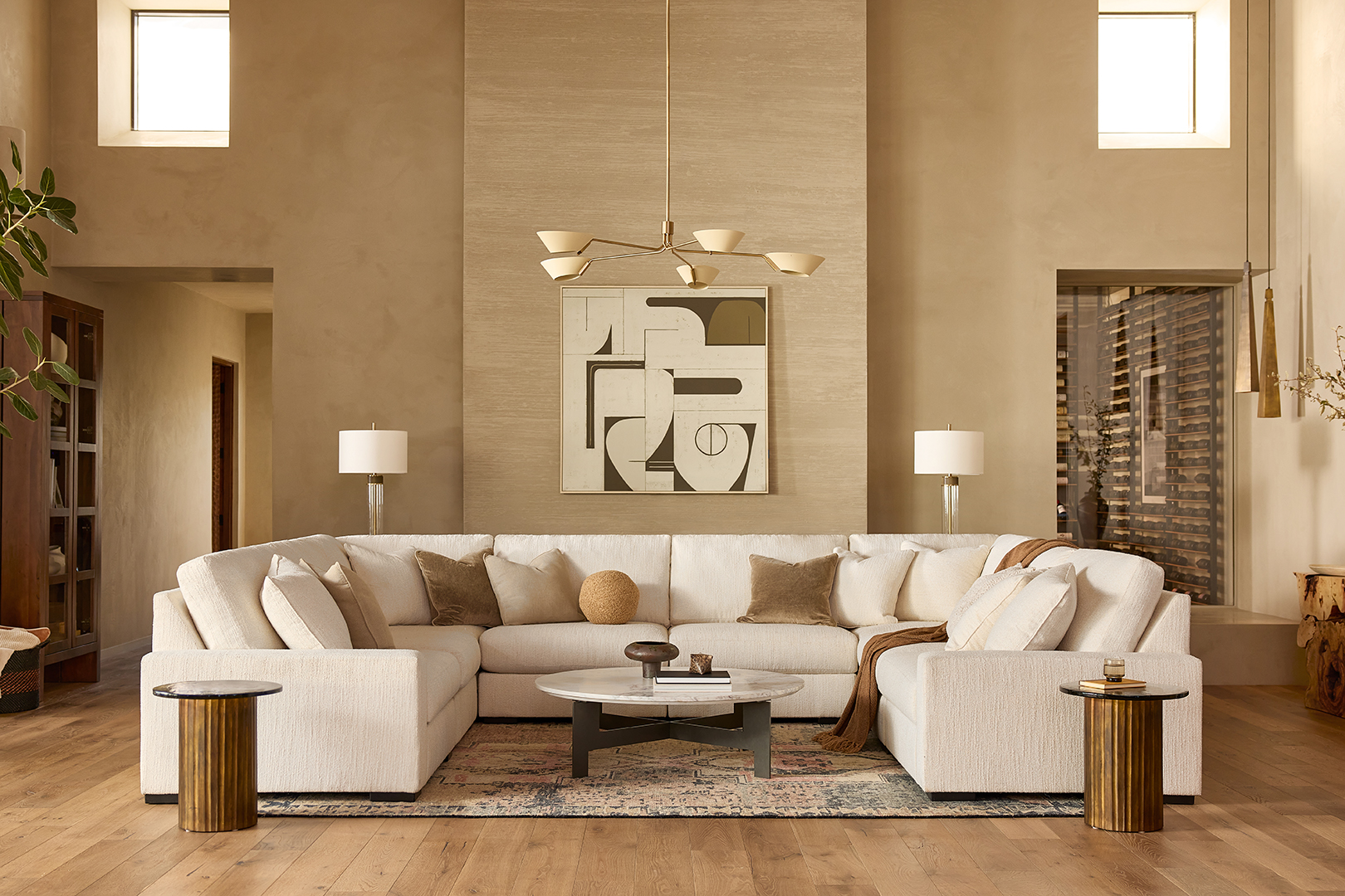 living room with white U-shaped sofa