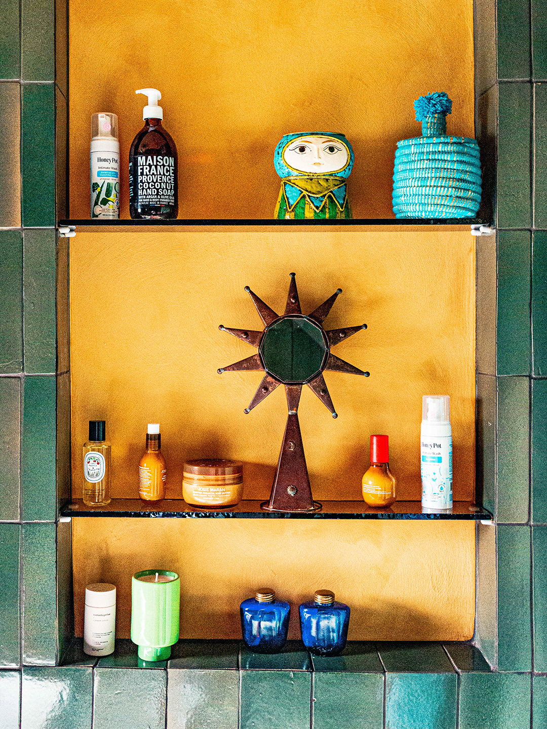 bathroom shelf with yellow niche