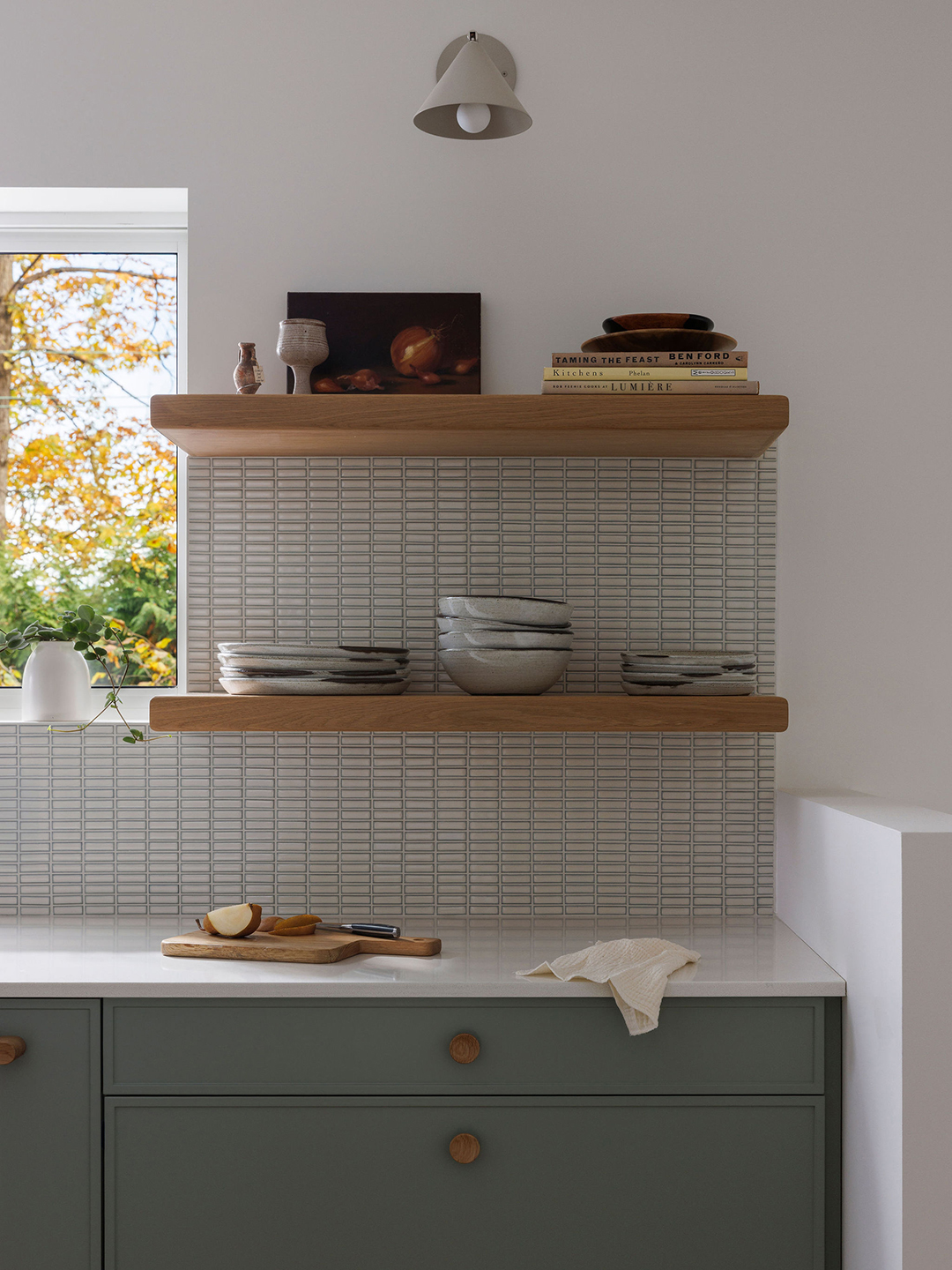 kitchen with floating shelves