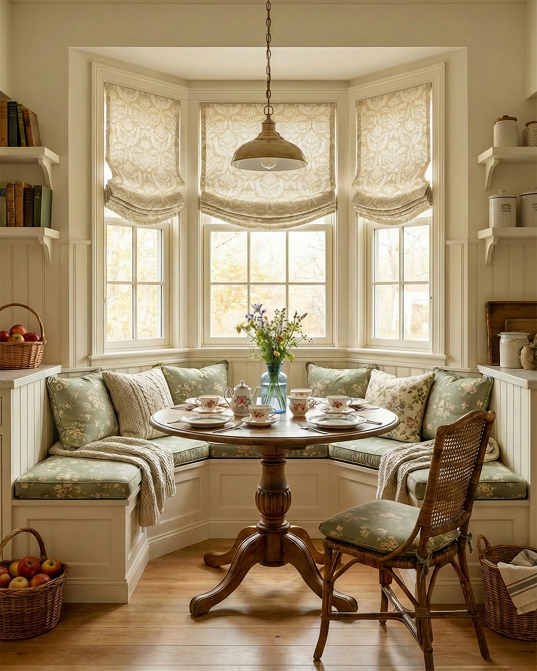 Dining nook with cream colored curtains and pendant light. 